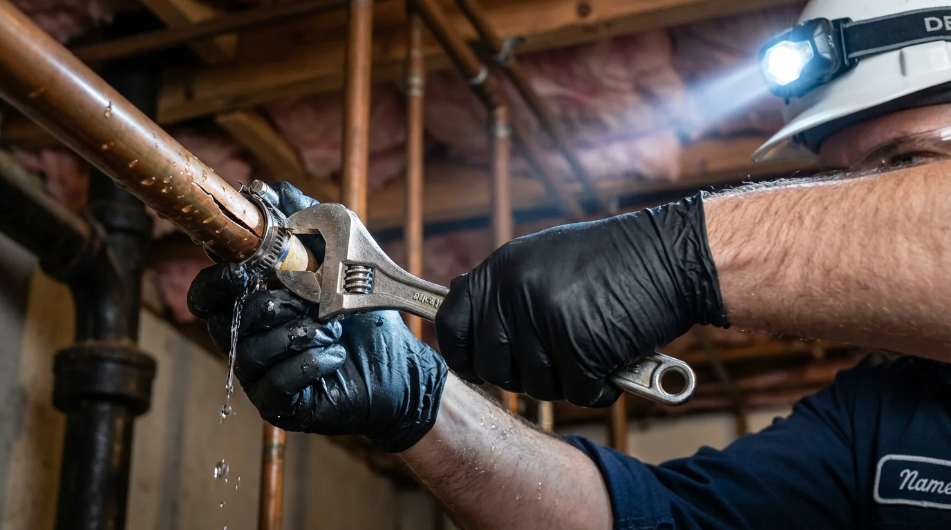 Emergency pipe clamp repair being performed by a Johns Plumbing LLC plumber in Yazoo City