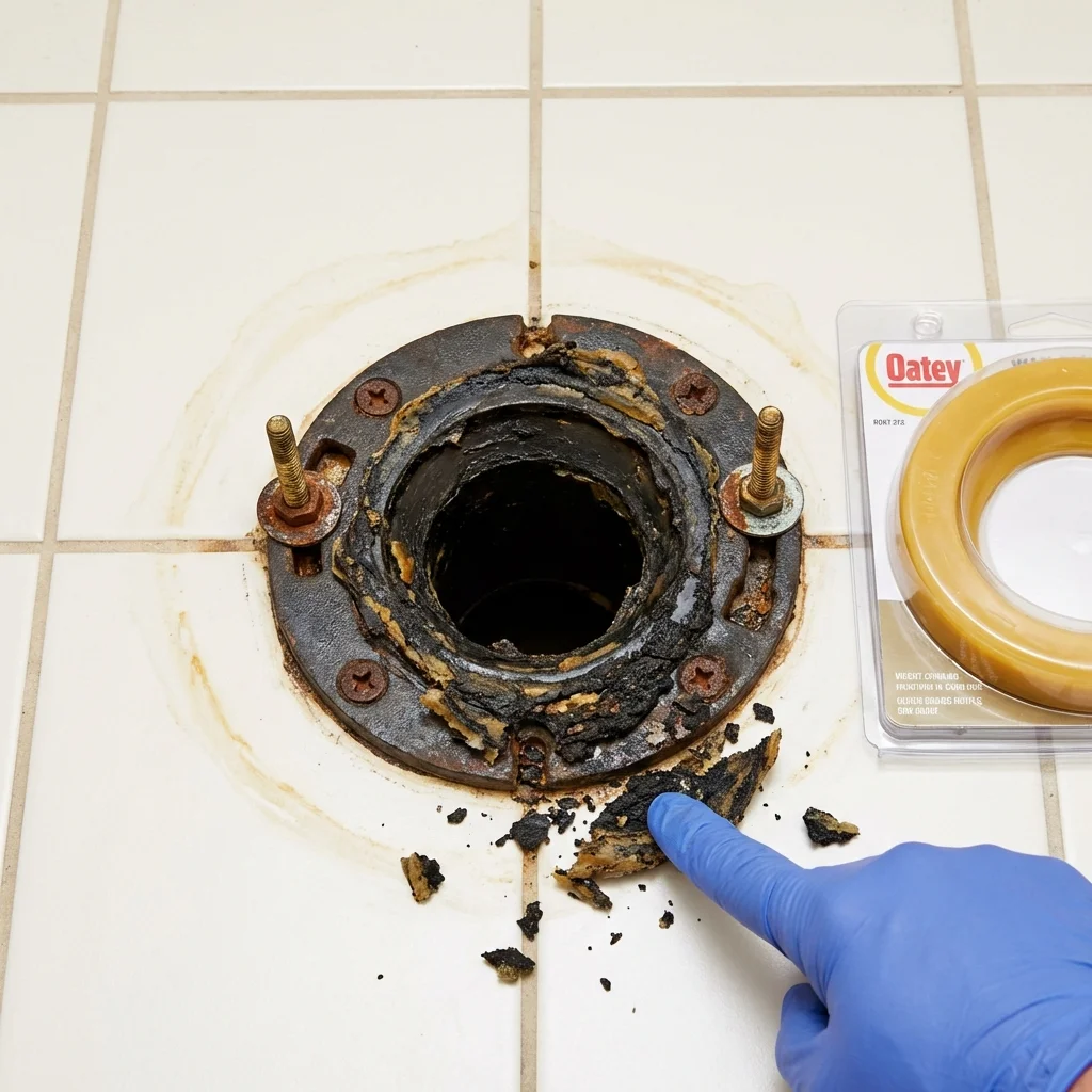 Failed wax ring showing water seepage at the base of a toilet in a Yazoo City, MS home