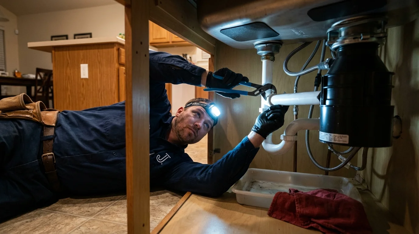 P-trap and supply line connections under a kitchen sink showing a common leak point in Yazoo City, MS